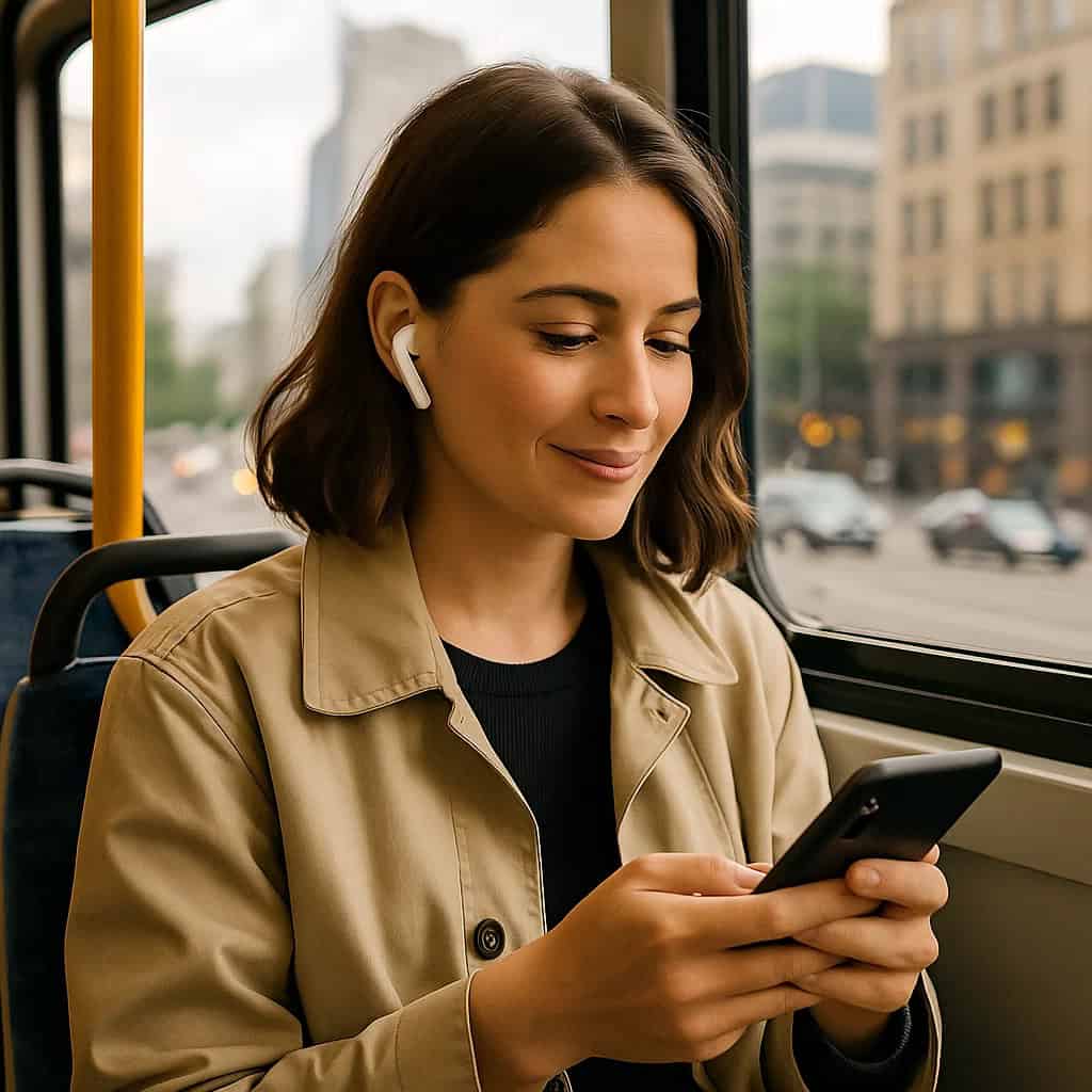 nfc sluchawki - kobieta siedzi w tramwaju. W ręku trzyma telefon, a na uszach ma założone słuchawki