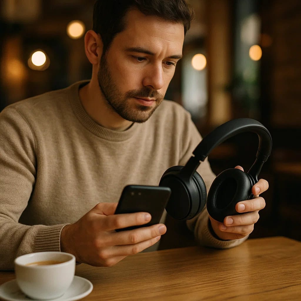 nfc w słuchawkach - mężczyzna siedzi przy stole w kawiarni próbując sparować słuchawki nauszne z telefonem