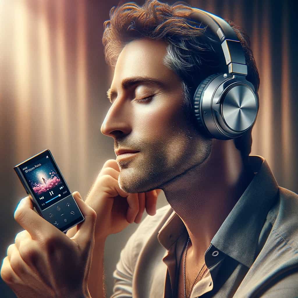 odtwarzacz mp3 i słuchawki bluetooth - w rękach mężczyzny