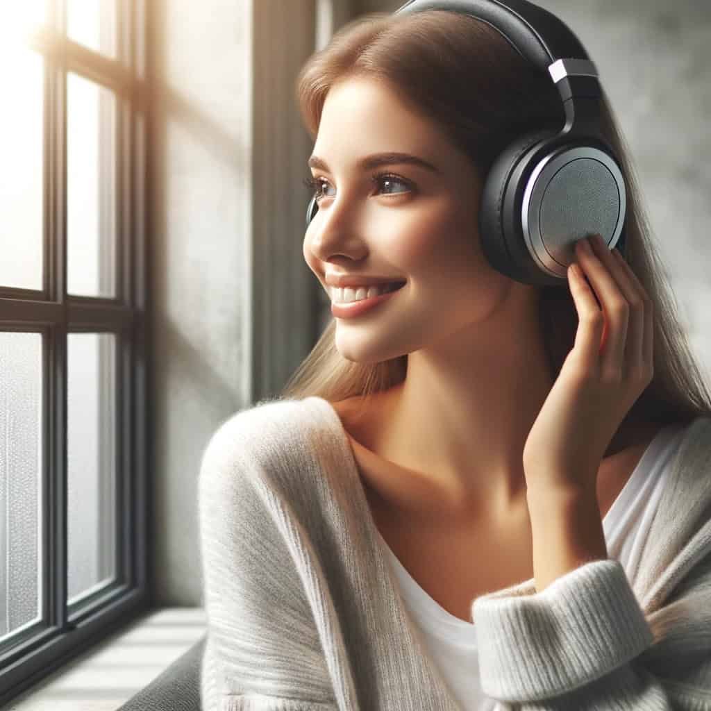 pasmo przenoszenia słuchawek co to jest - uśmiechnięta kobieta w przykładowym modelu nausznym wygląda przez okno