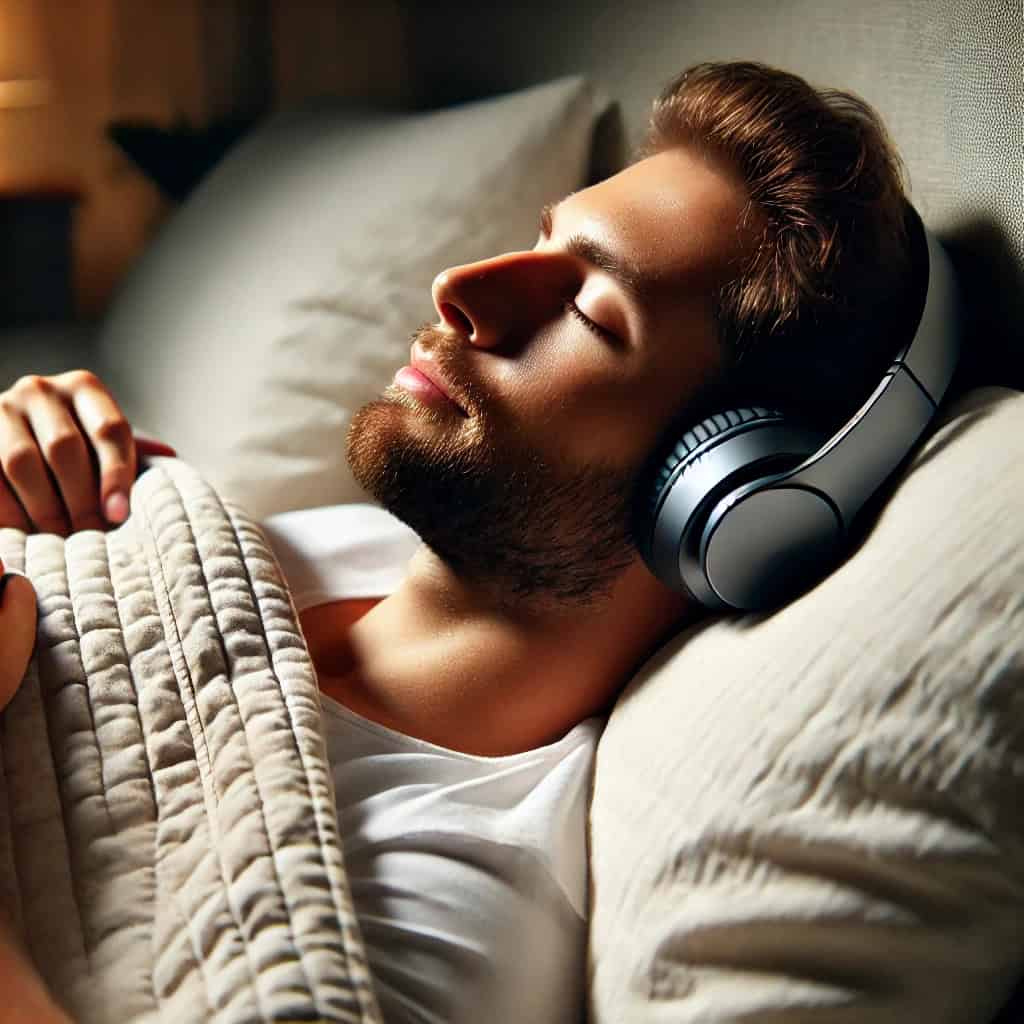 piosenki do spania dla dorosłych - mężczyzna leży w łóżku słuchając muzyki przez słuchawki