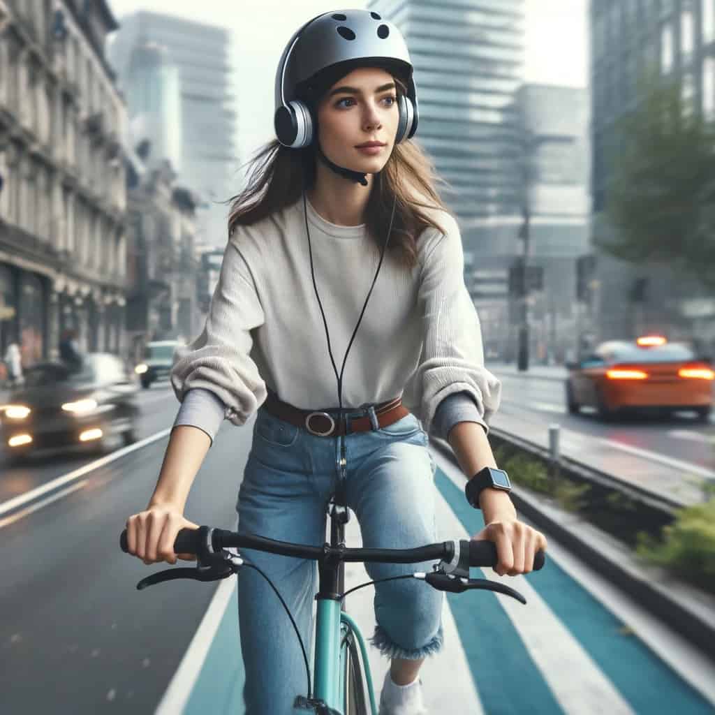 przepisy dotyczące słuchawek na rowerze - rowerzystka jadące bokiem drogi