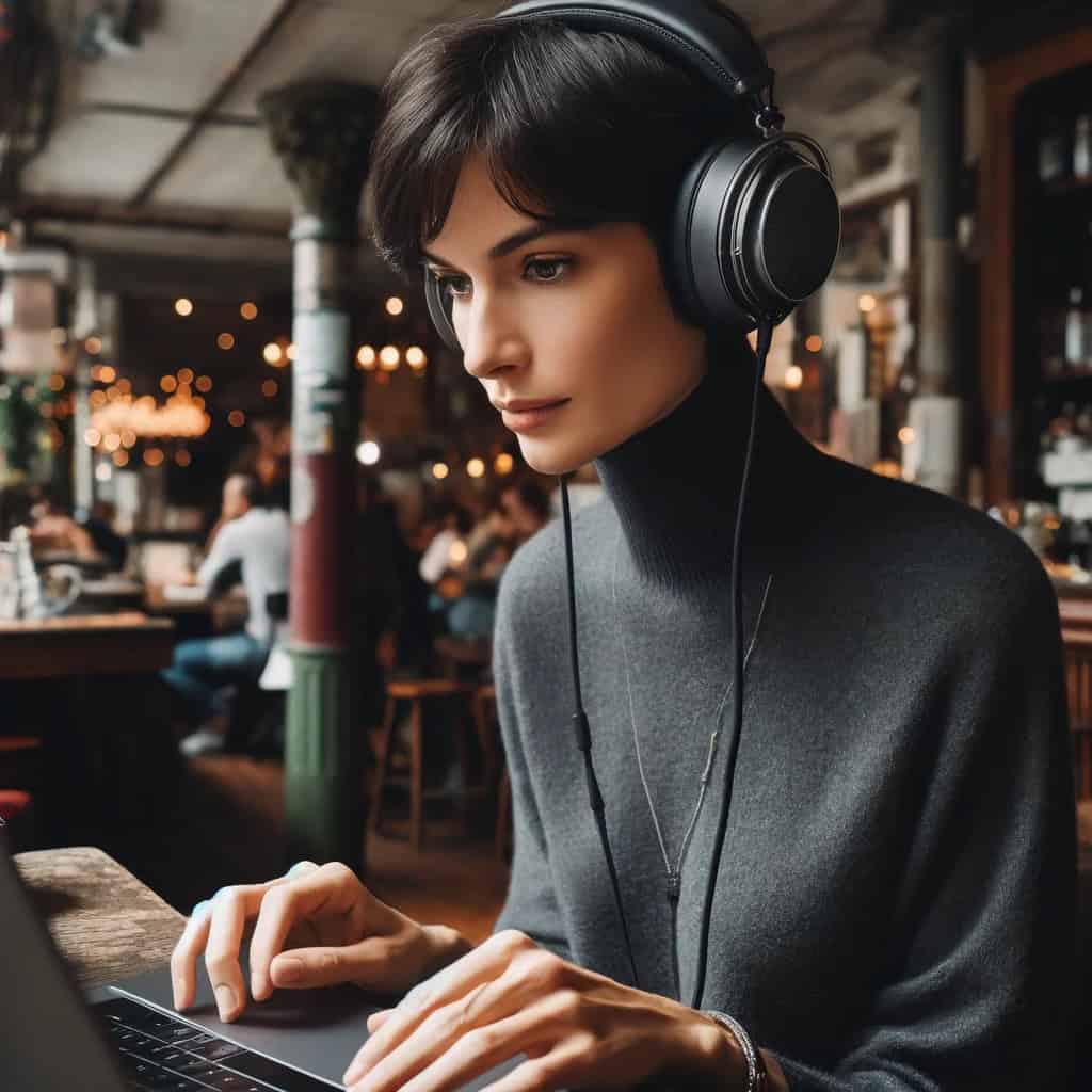 przewodowe słuchawki do 1000 zł na uszach kobiety pracującej przy komputerze