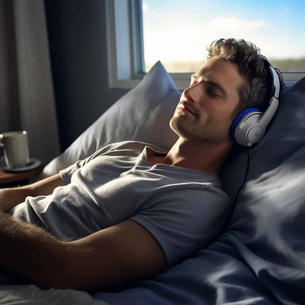przewodowe słuchawki do spania na uszach mężczyzny śpiącego przy oknie