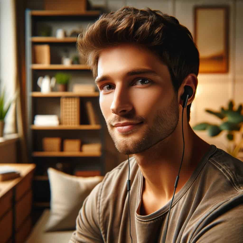 ranking słuchawek dousznych - uśmiechnięty mężczyzna w przykładowym modelu przewodowym