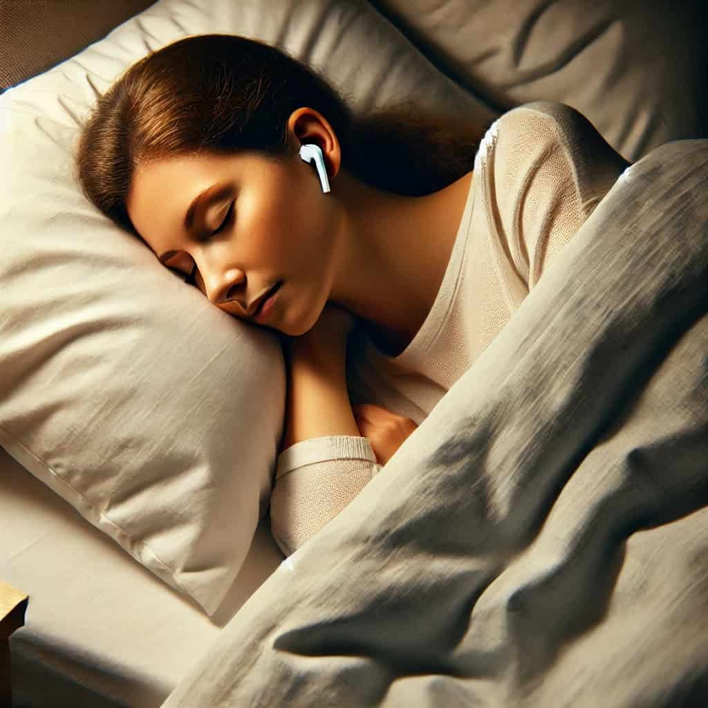 ranking słuchawek do spania - przykładowy model w uszach kobiety śpiącej na boku