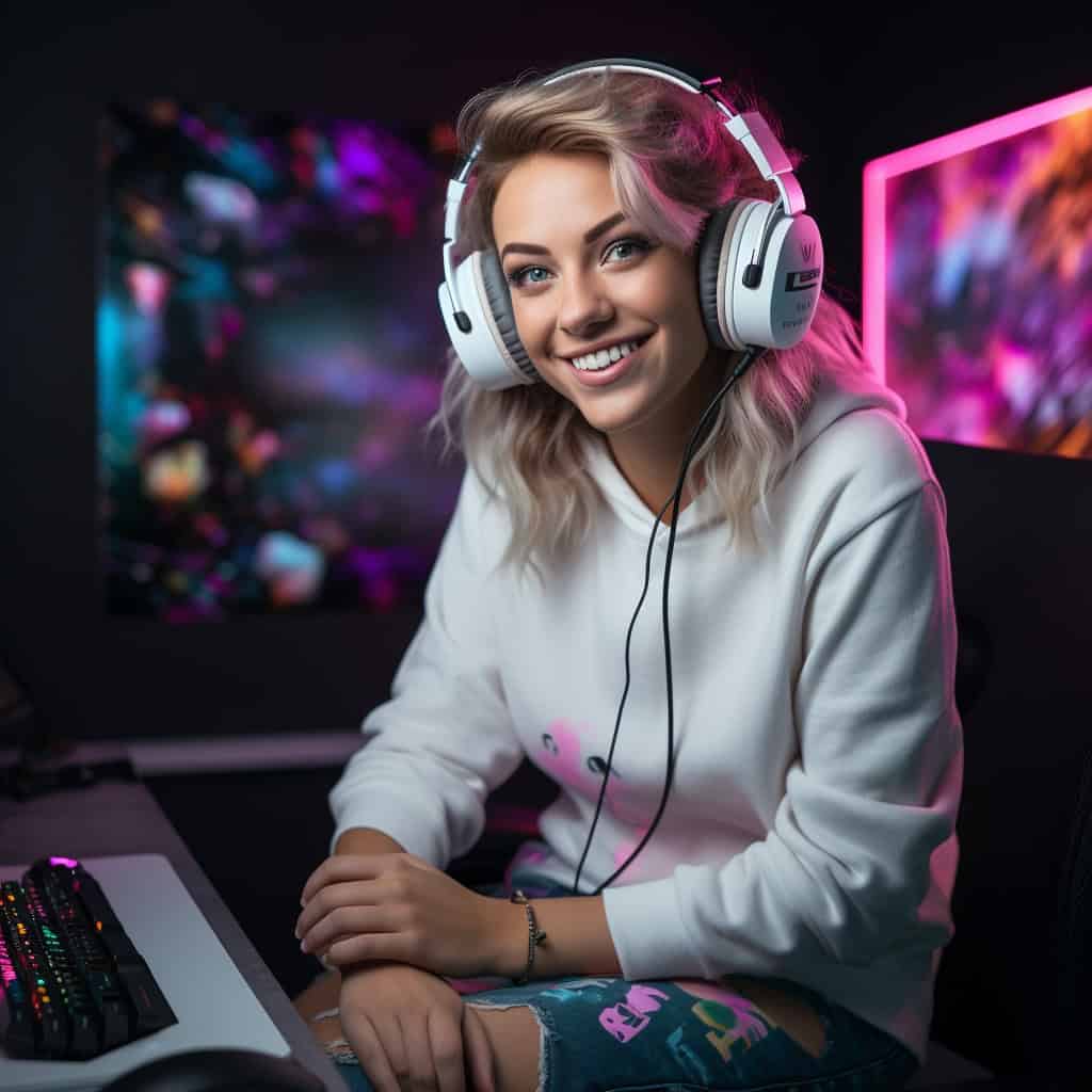 ranking słuchawek gamingowych - uśmiechnięta kobieta w przykładowym modelu nausznym