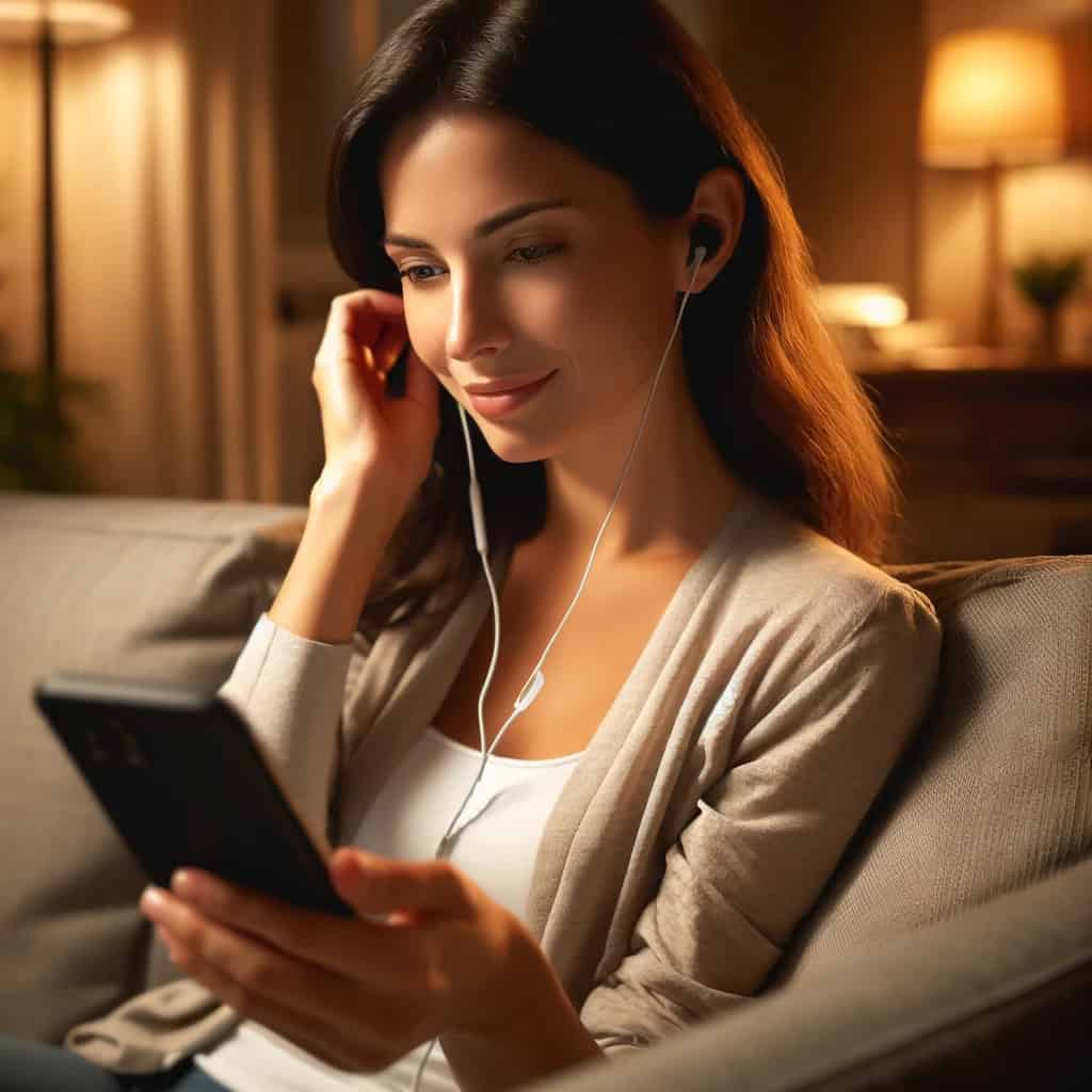 ranking słuchawek przewodowych do 1000 zł - przykładowy model w uszach kobiety siedzącej na sofie z telefonem