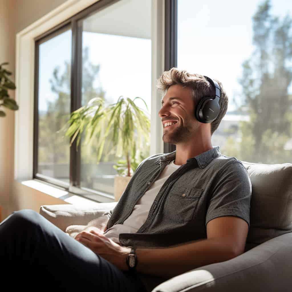 ranking słuchawki bezprzewodowe - jeden z modeli na głowie uśmiechniętego mężczyzny siedzącego na fotelu