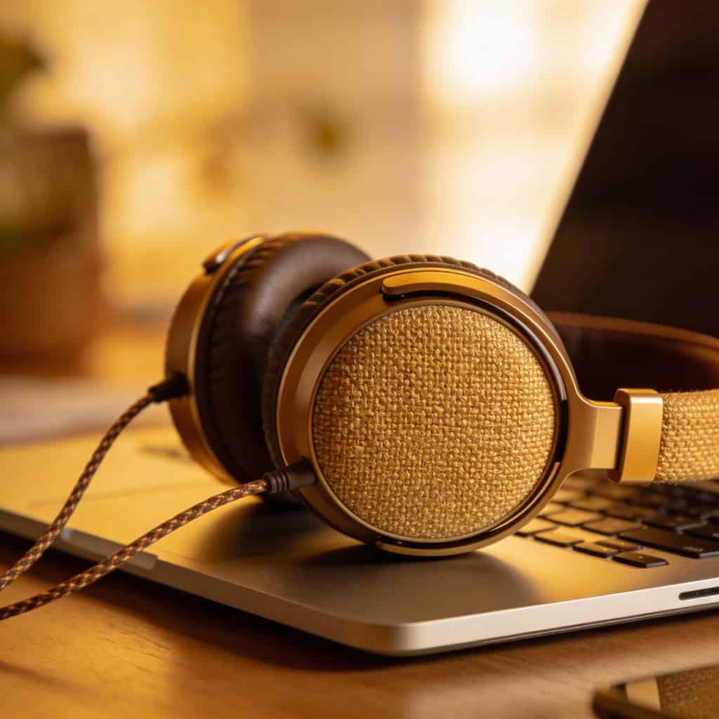 Słuchawki podłączone do laptopa podczas słuchania radia internetowego