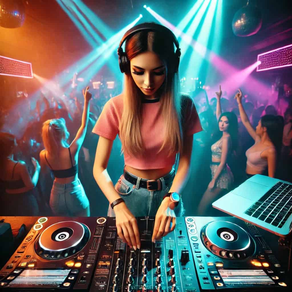 rodzaje dj - kobieta miksuje na konsoli muzykę a za nią na parkiecie tańczy tłum