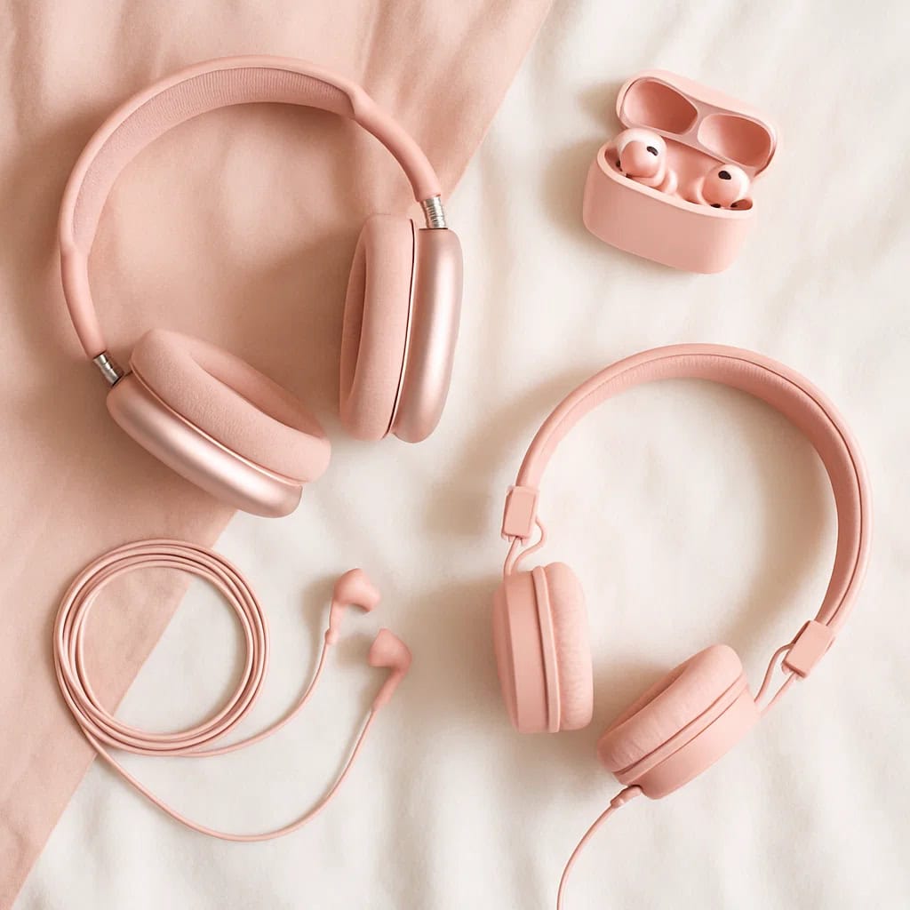 różowe słuchawki bezprzewodowe, nauszne, douszne
