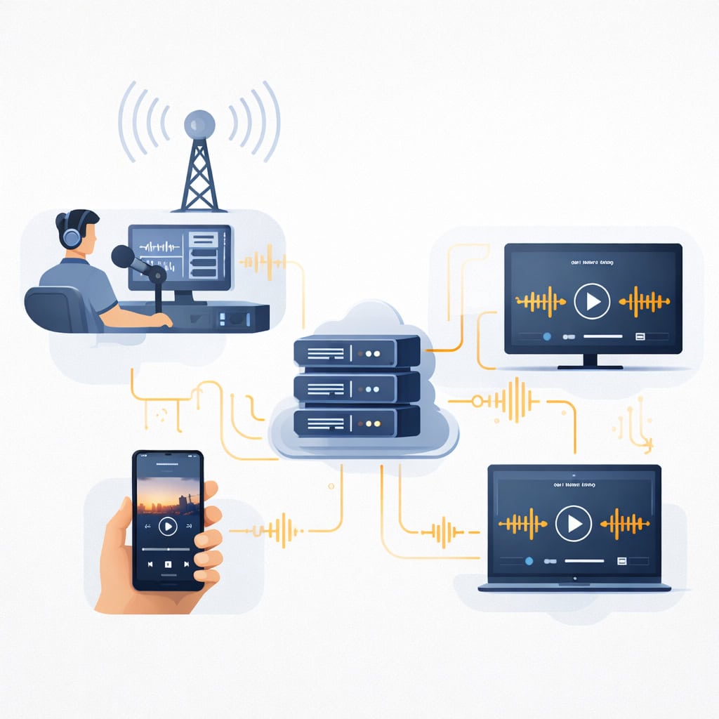 Schemat działania radia internetowego od studia do odbiornika użytkownika