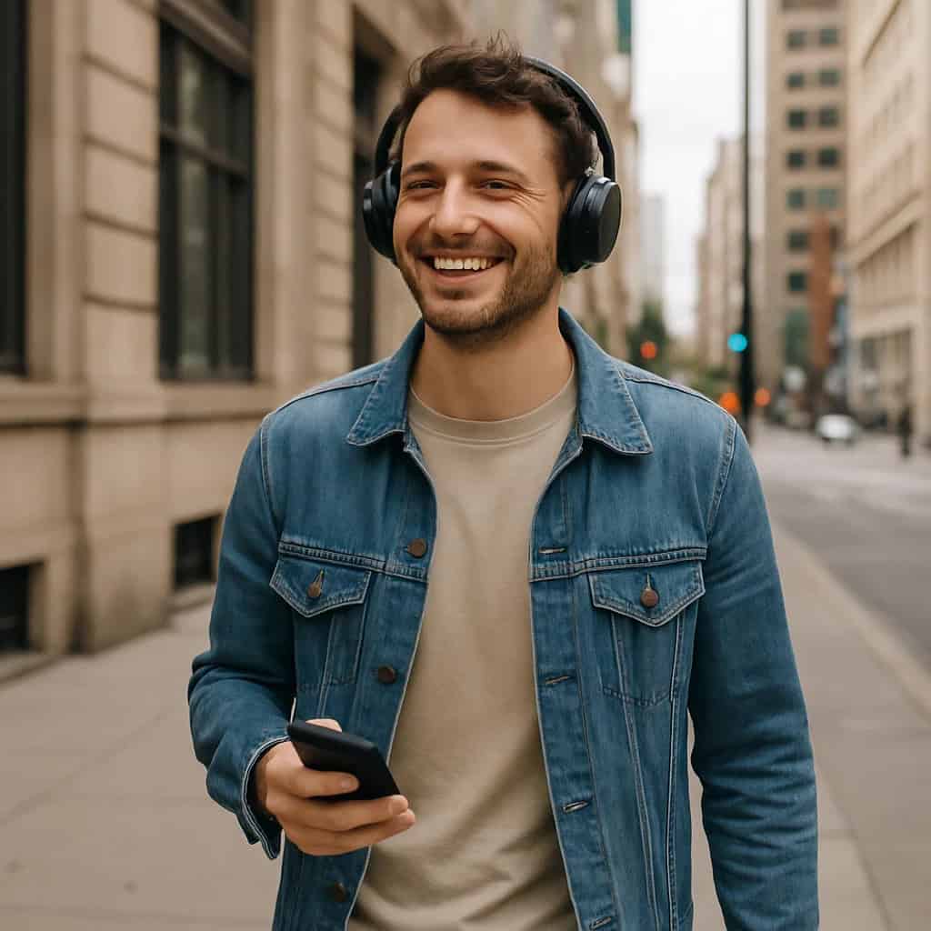 serwisy streamingowe muzyka - Mężczyzna w słuchawkach idący przez miasto, trzyma telefon przy boku ekranem w dół.