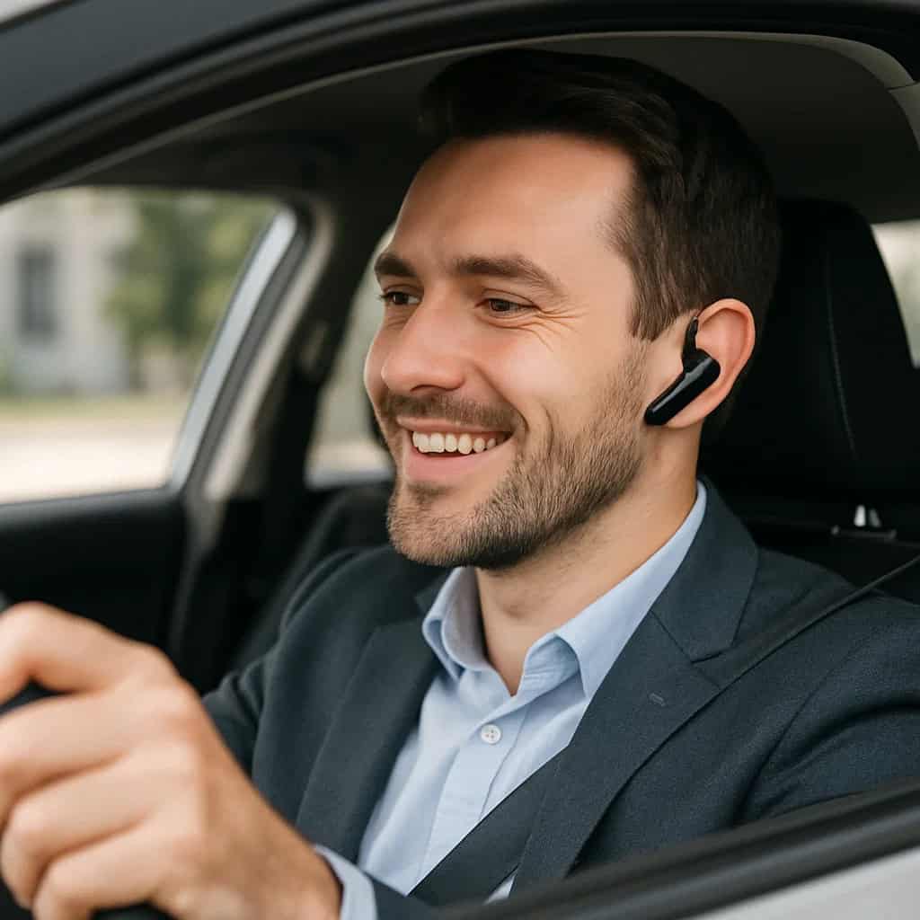 słuchawka bluetooth do rozmów - Kierowca samochodu rozmawiający przez model bezprzewodowy w trybie głośnomówiącym.
