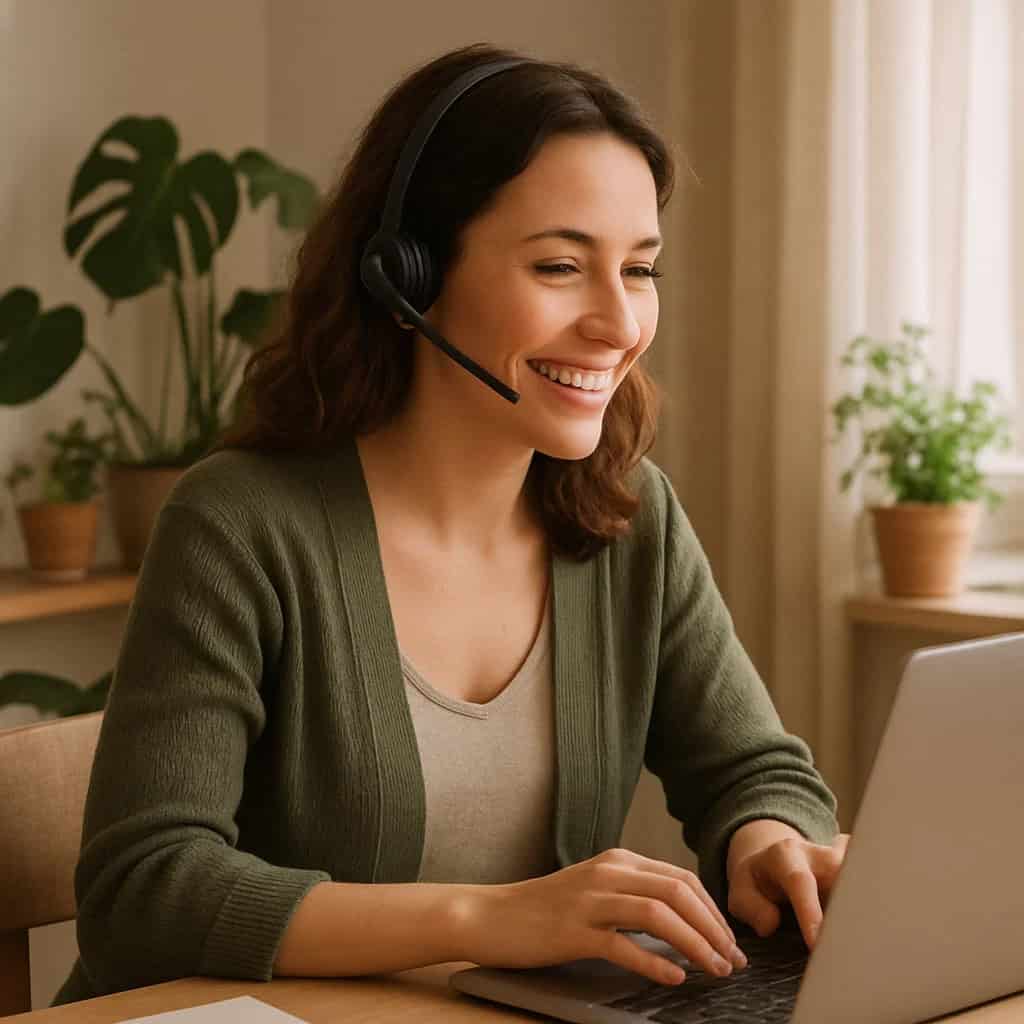 słuchawka bt ranking - kobieta pracująca zdalnie, prowadząca rozmowę przez laptop
