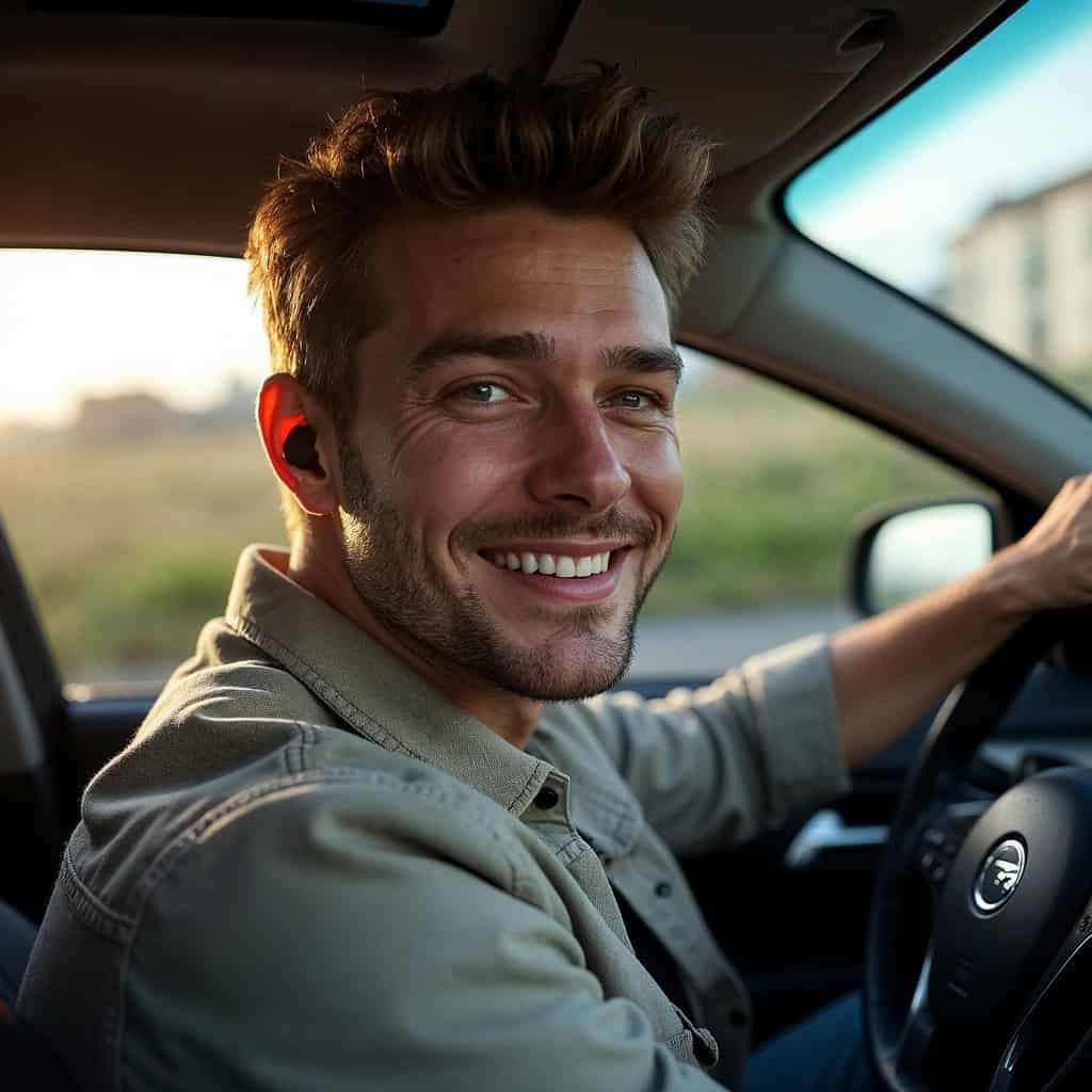 słuchawka do samochodu ranking w uszach mężczyzny w aucie