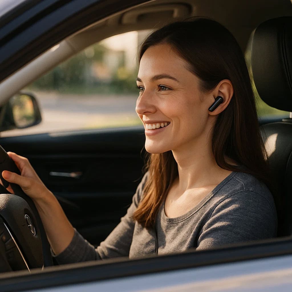 słuchawka do samochodu w uszach kobiety prowadzącej auto