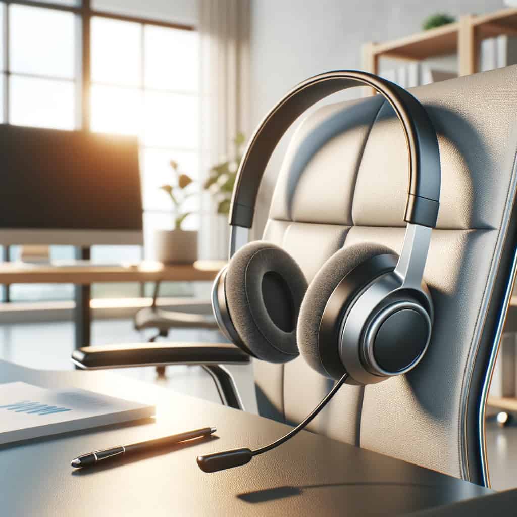 słuchawki call center bluetooth na fotelu biurowym