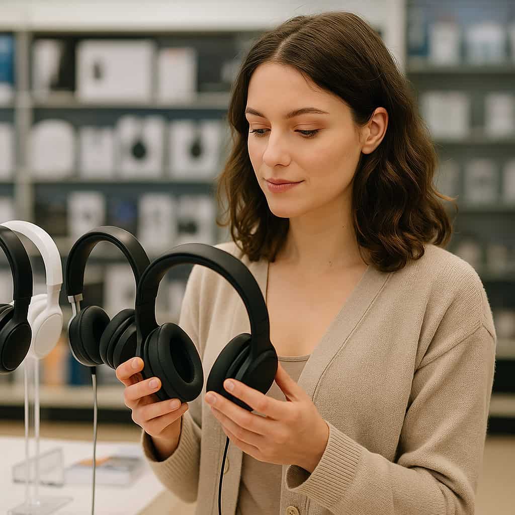 słuchawki cena - kobieta ogląda w sklepie różne modele nauszne