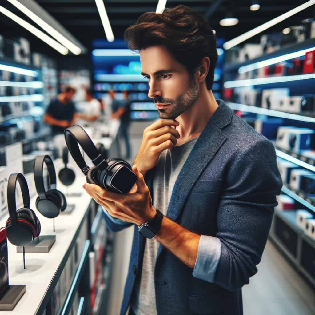 słuchawki bez kabla cena - mężczyzna szukający w sklepie najlepszego modelu bezpzrzewodowego