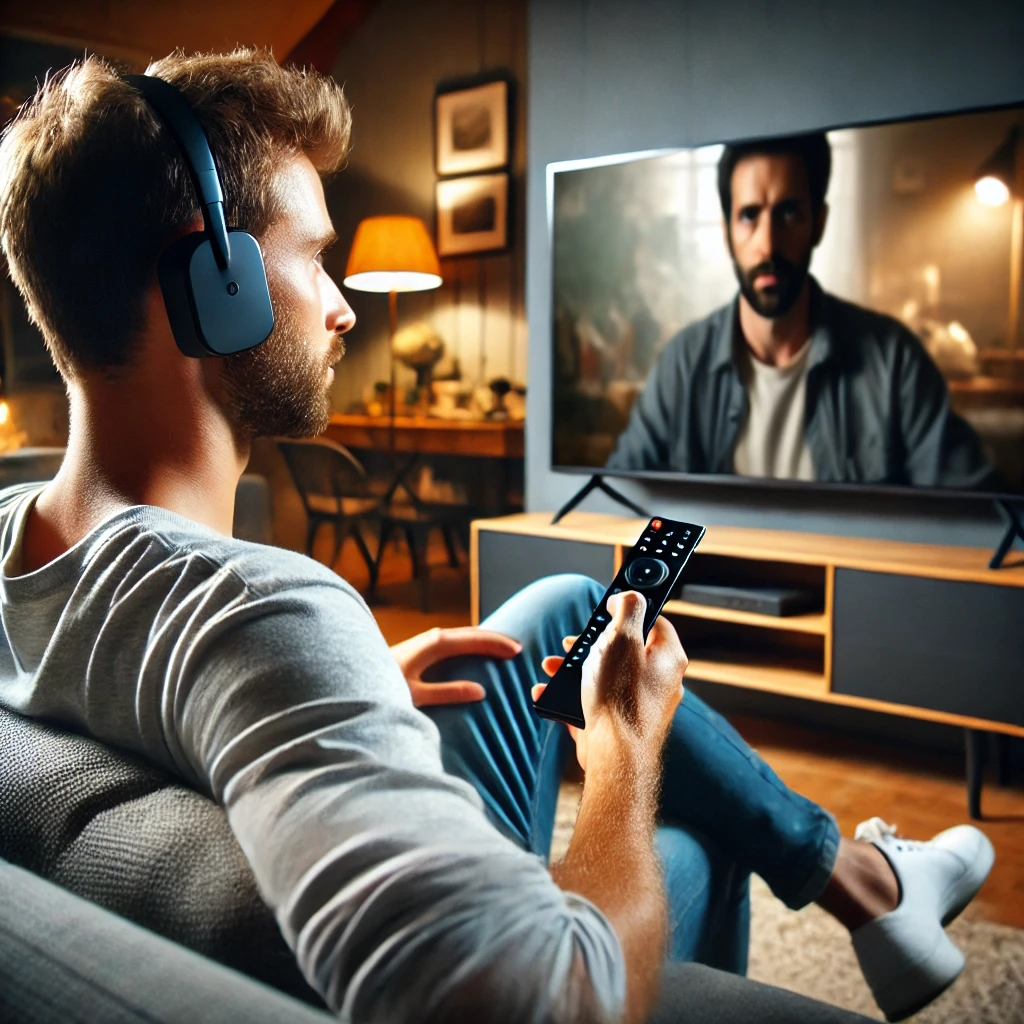 słuchawki bezprzewodowe tv na uszach mężczyzny patrzącego w ekran