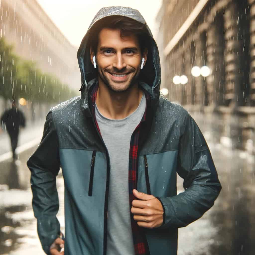 słuchawki bezprzewodowe wodoszczelne ranking - przykładowy model w uszach mężczyzny spacerującego w deszczu w kurtce z kapturem