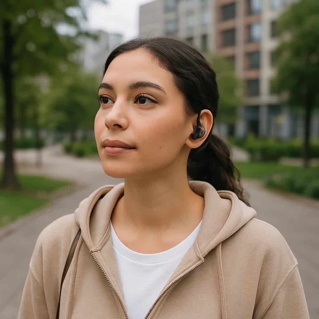 słuchawki bezprzewodowe zauszne na głowie kobiety spacerującej po chodniki na osiedlu