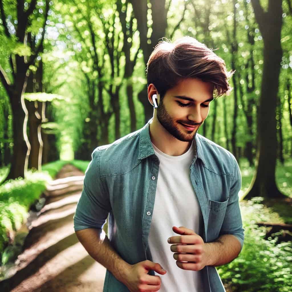 słuchawki bezprzewodowe bluetooth - kiedy wybrać - przykładowy model dokanałowy na w uszach mężczyzny, który spaceruje po lesie