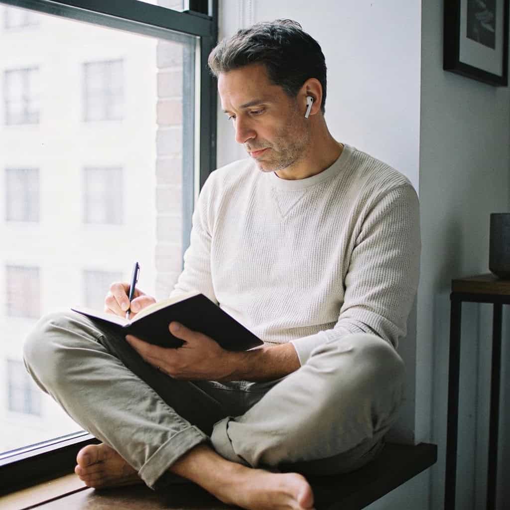 słuchawki bezprzewodowe douszne do 400 zł w uszach mężczyzny siedzącego przy oknie i notującego coś w zeszycie