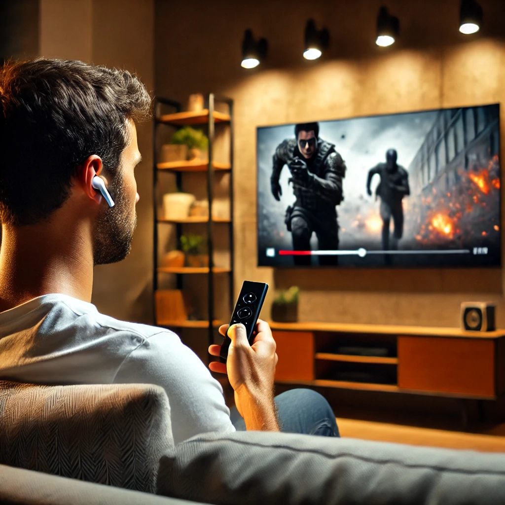 słuchawki bezprzewodowe douszne do telewizora w uszach mężczyzny, który siedzi na sofie i ogląda film akcji