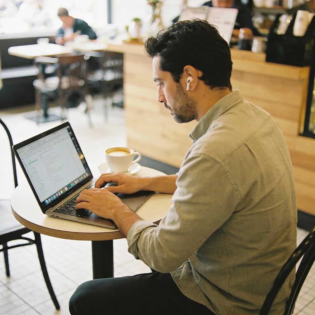 sluchawki bezprzewodowe do 400 zl na głowie mężczyzny, który pracuje na laptopie w kawiarni