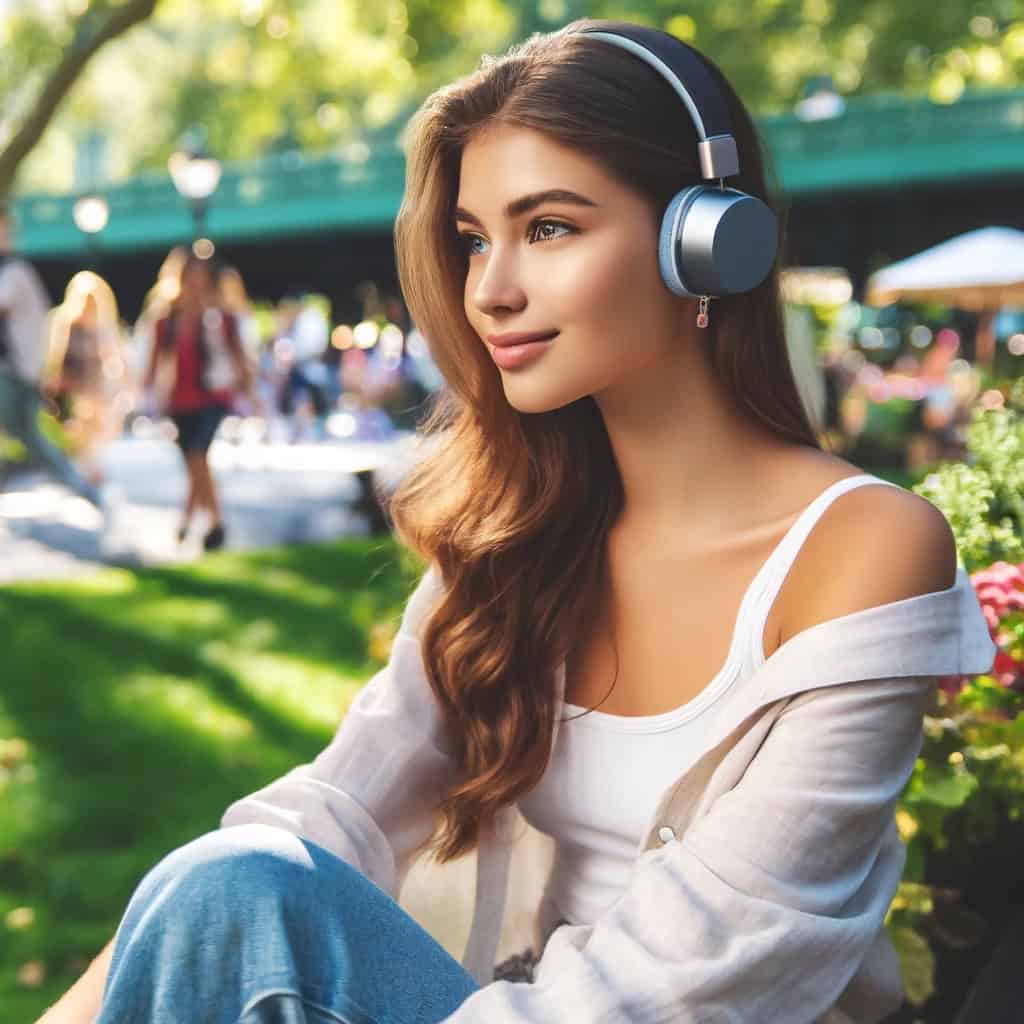 słuchawki bezprzewodowe do 1000 zł ranking - przykładowy model na uszach kobiety siedzącej na trawie w parku