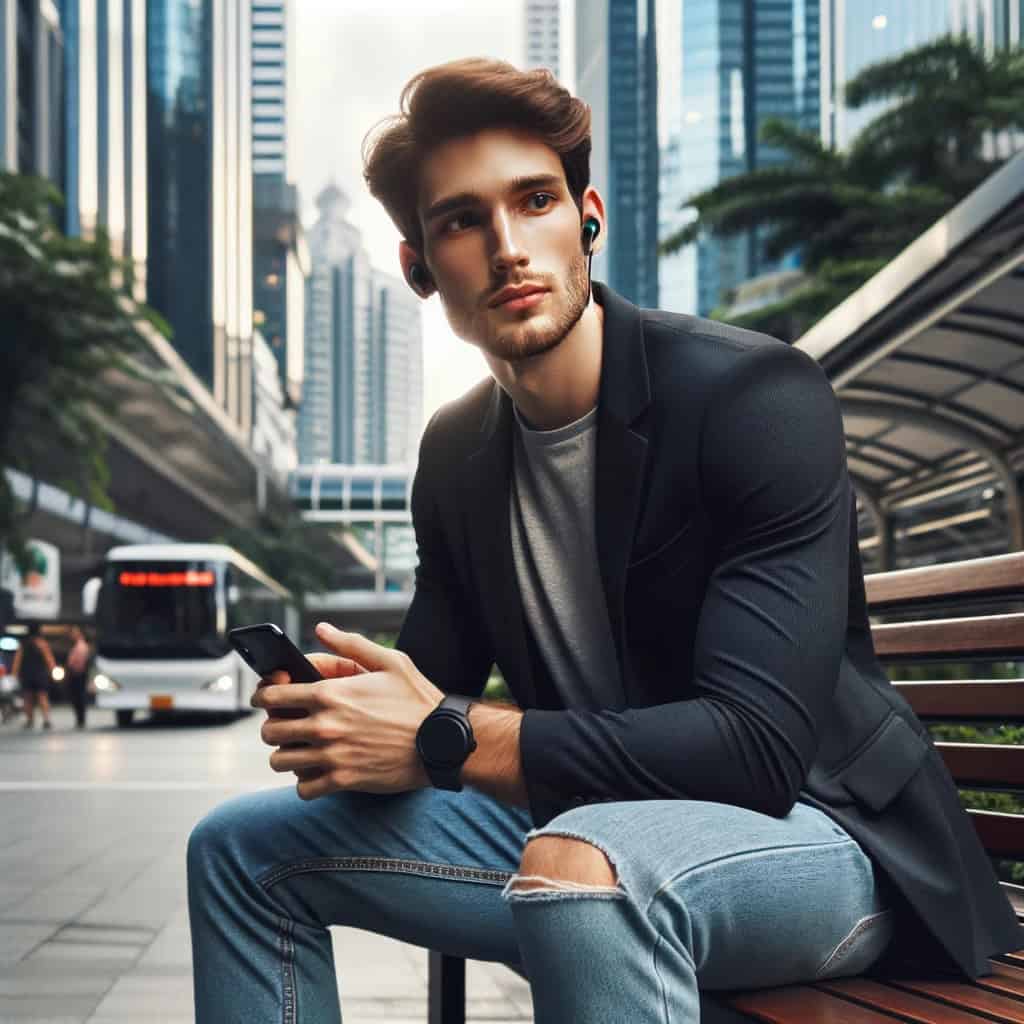 słuchawki bezprzewodowe do 1000 w uszach mężczyzny siedzącego na ławce