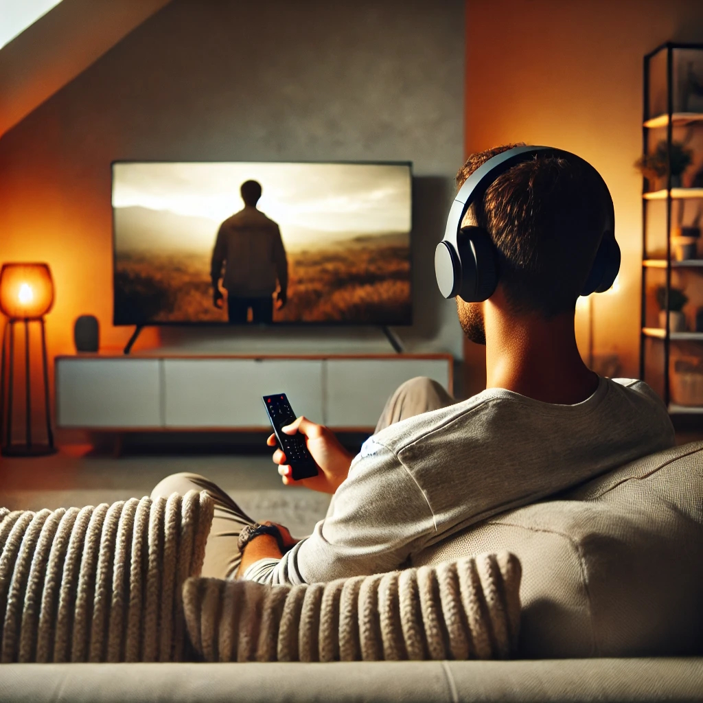 słuchawki bezprzewodowe do telewizora na uszach mężczyzny oglądającego dramat