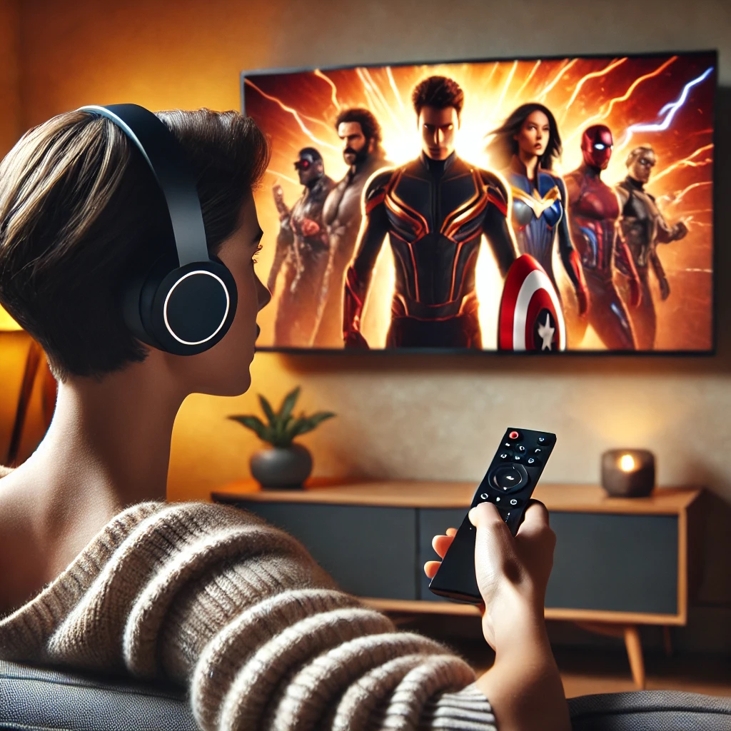 słuchawki bezprzewodowe do tv na uszach kobiety siedzącej na sofie i oglądającej film fantasy