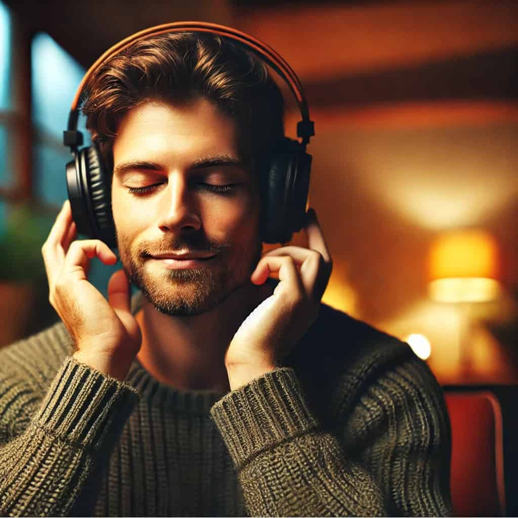 słuchawki bezprzewodowe do muzyki do 300 zł na uszach mężczyzny z zamkniętymi oczami