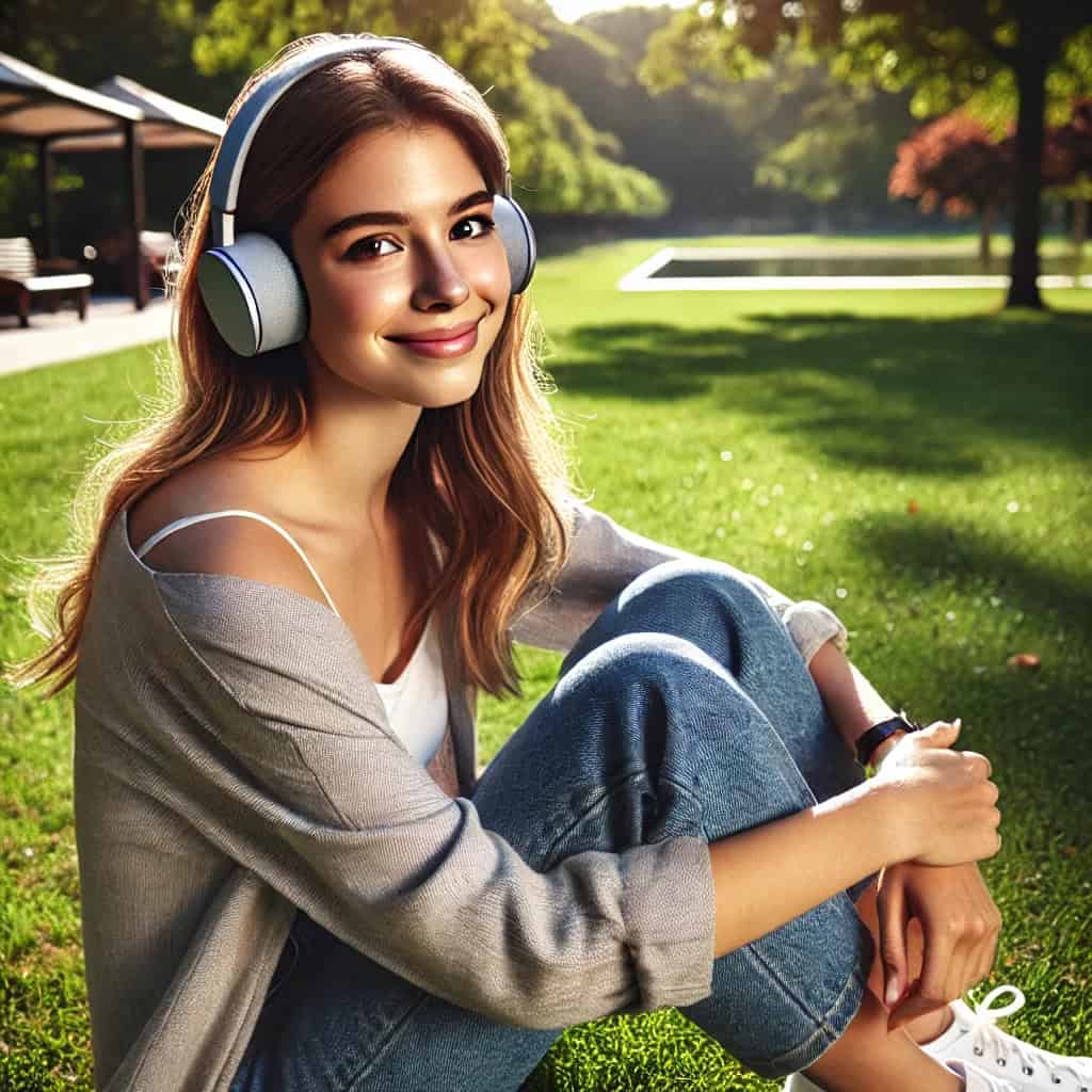 słuchawki bezprzewodowe do muzyki na uszach uśmiechniętej kobiety siedzącej na trawie