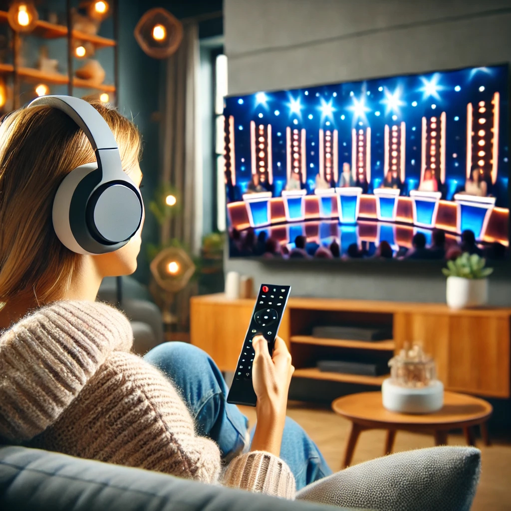 słuchawki bezprzewodowe do oglądania telewizji na uszach kobiety oglądającej teleturniej
