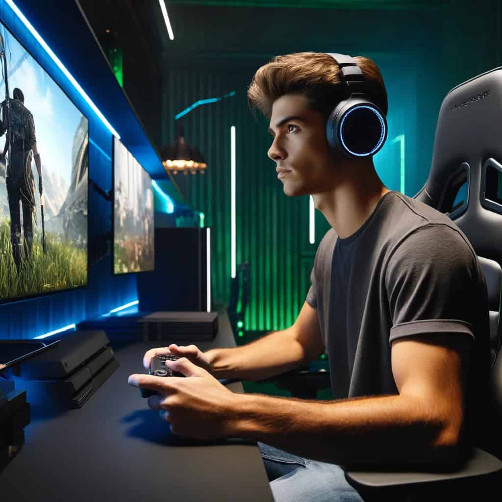 słuchawki bezprzewodowe do ps5 na uszach gracza