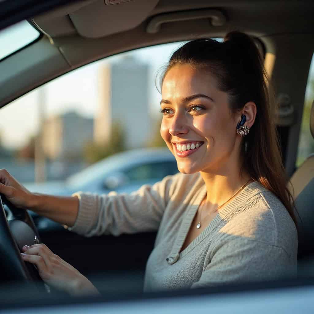 słuchawki bezprzewodowe do samochodu na głowie kobiety prowadzącej auto