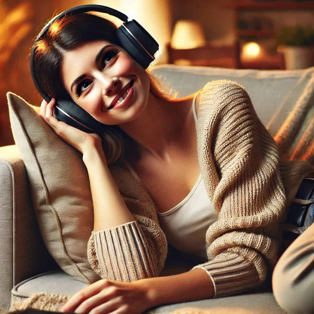 słuchawki bezprzewodowe do słuchania muzyki na uszach kobiety leżącej na sofie