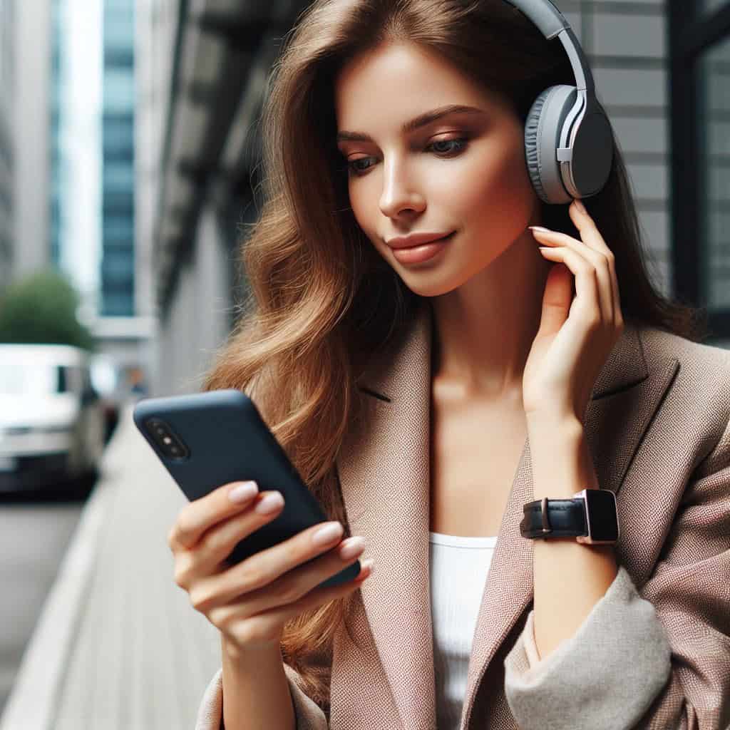 słuchawki bezprzewodowe do smartfona ranking - przykładowy model na uszach kobiety zaabsorbowanej smartfonem