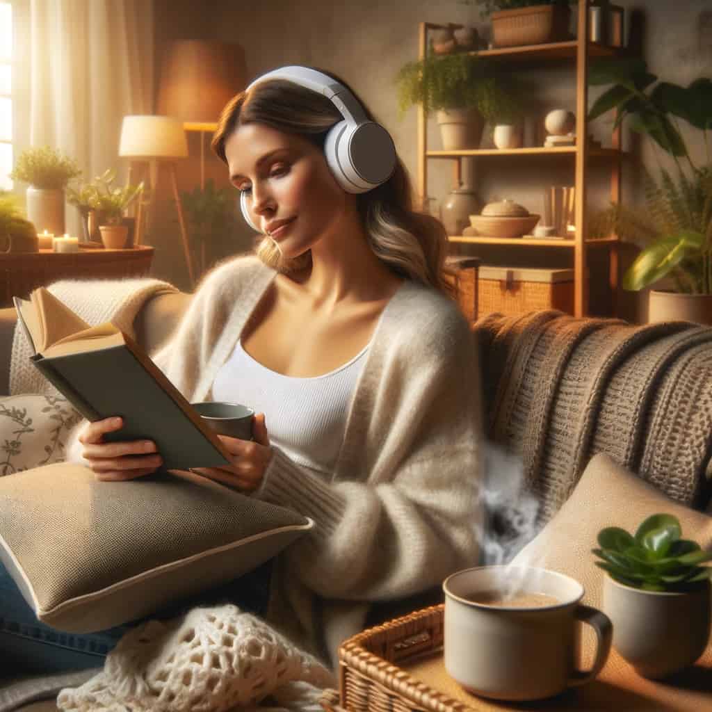 słuchawki bezprzewodowe jak działają - przykładowy model nauszny na głowie kobiety czytającej książkę