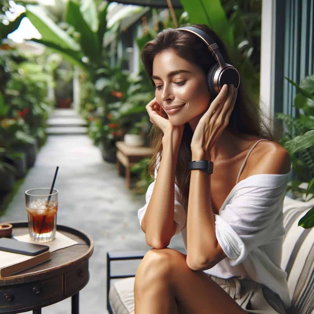 słuchawki bezprzewodowe jak włączyć - przykładowy model na głowie kobiety w barze