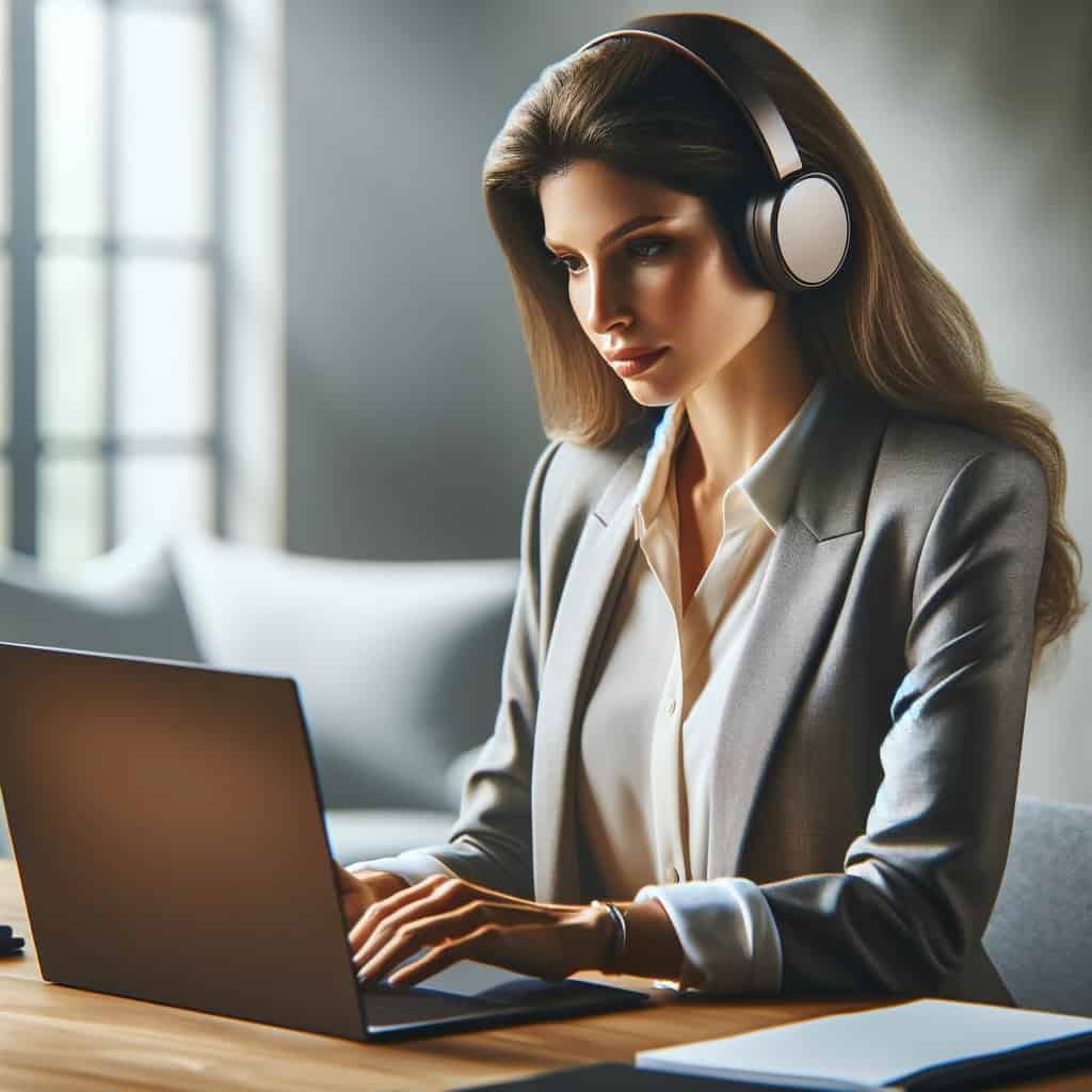 słuchawki bezprzewodowe ms teams - kobieta pracująca na laptopie