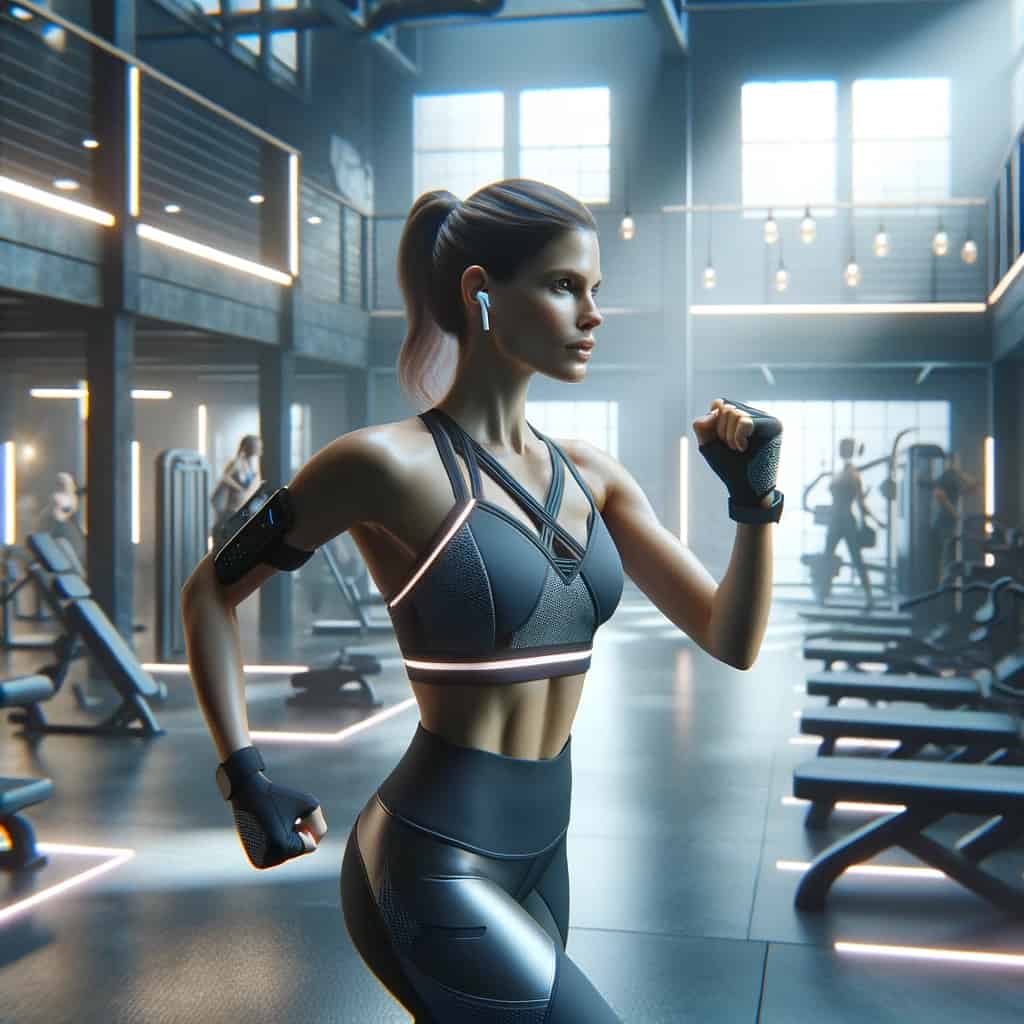 słuchawki bezprzewodowe na siłownie - kobieta na bieżni w przykładowym modelu