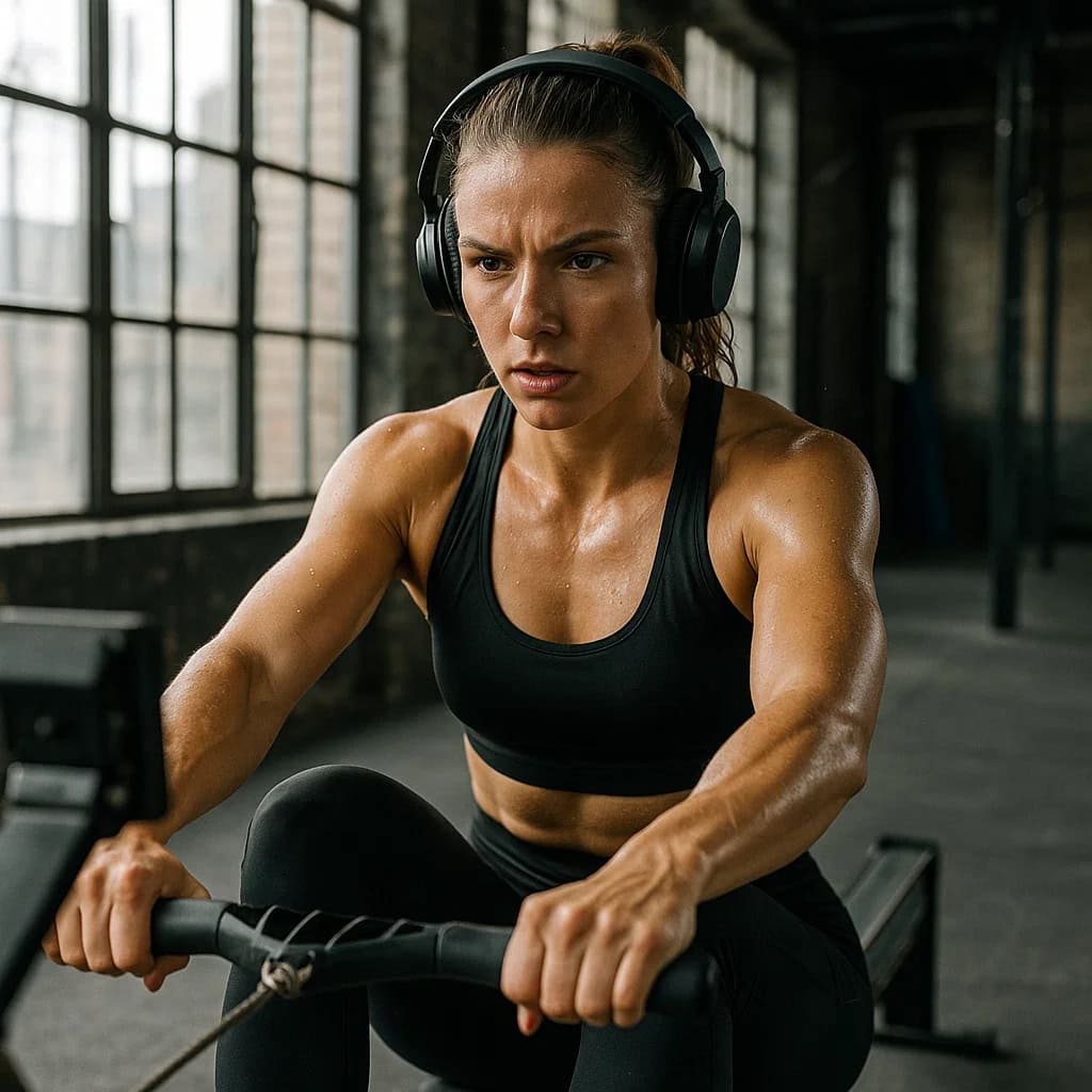 słuchawki bezprzewodowe nauszne na siłownię, która ćwiczy na wioślarzu w siłowni, ubrana w obcisły strój sportowy