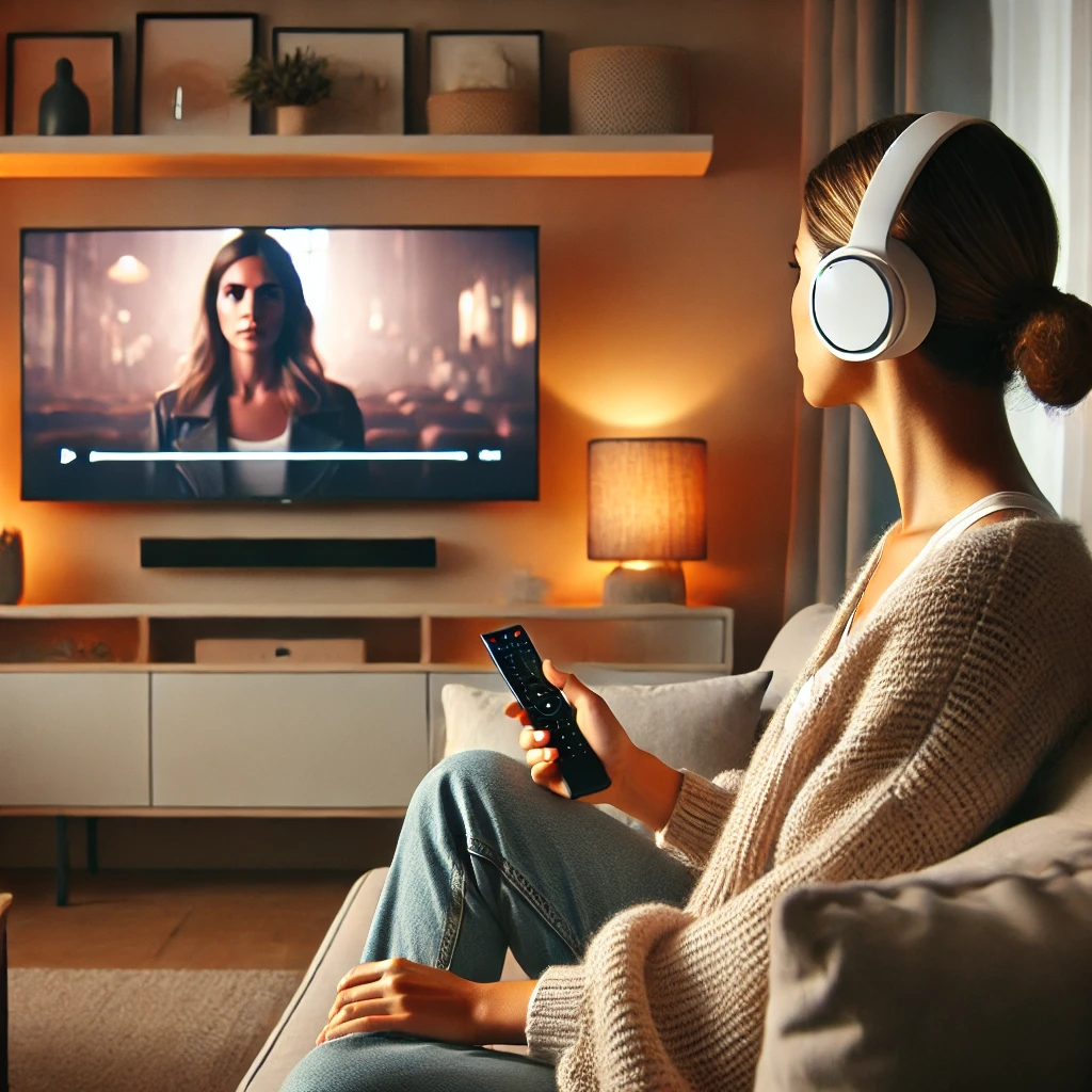 słuchawki bezprzewodowe nauszne do telewizora na głowie kobiety, która ogląda seria kryminalny