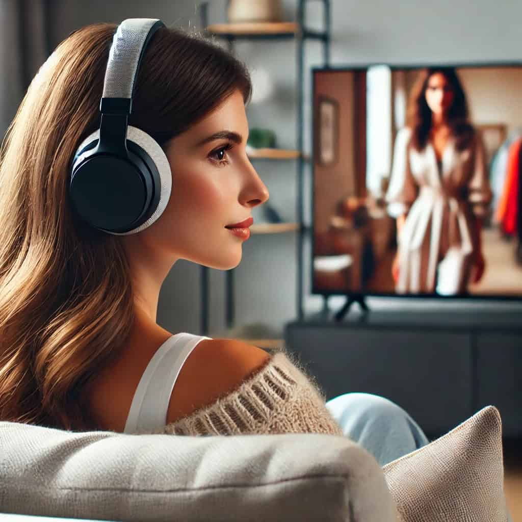 słuchawki bezprzewodowe nauszne radiowe na głowie kobiety, która siedzi na sofie oglądając serial
